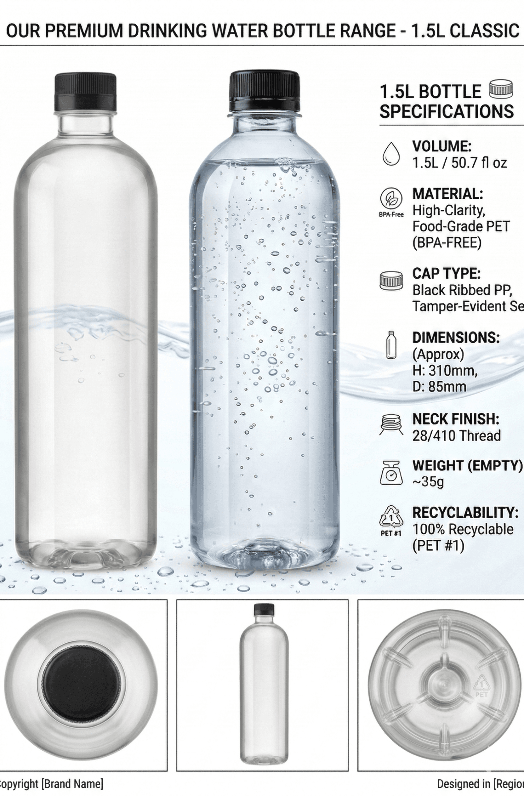 1.5L Classic bottle specifications - food-grade PET, BPA-free, recyclable